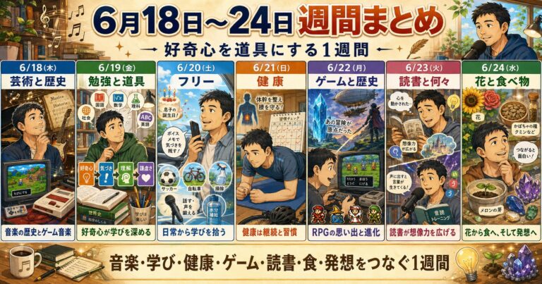 ゲーム・読書・健康・花と食べ物から好奇心を育てる週間まとめの画像