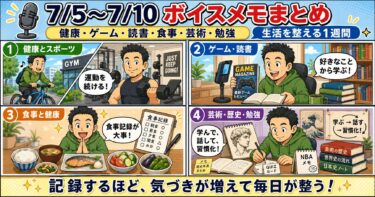 7月5日から7月10日のボイスメモを健康、ゲーム、読書、食事、芸術、勉強のテーマで4コマ漫画風にまとめた画像