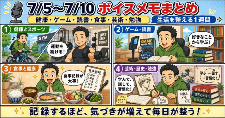 7月5日から7月10日のボイスメモを健康、ゲーム、読書、食事、芸術、勉強のテーマで4コマ漫画風にまとめた画像