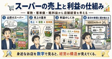 山形のスーパーマーケットを例に、客数・客単価・粗利益・1000円カット経営を4コマ漫画風に解説したアイキャッチ画像