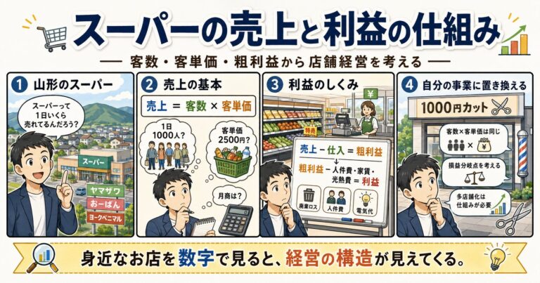 山形のスーパーマーケットを例に、客数・客単価・粗利益・1000円カット経営を4コマ漫画風に解説したアイキャッチ画像