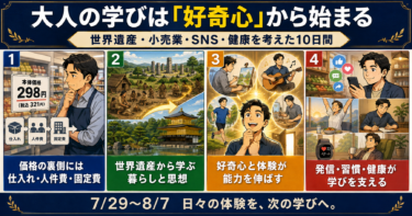 小売業、縄文遺跡と平泉、好奇心と体験、SNS・習慣・健康を4コマで表現したアイキャッチ画像。